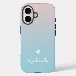 Coques iPhone 16 Coeur dégradé bleu rose avec un nom de script mini