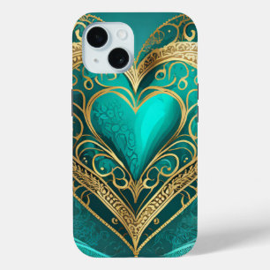 Coque Pour iPhone 15 Cœur doré sarcelle