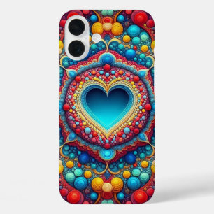 COQUES iPhone 16 PLUS COEUR PSYCHADELIQUE BLEU ROUGE ORANGE JAUNE