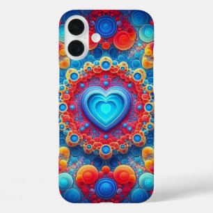 COQUES iPhone 16 PLUS CŒUR PSYCHADELIQUE BLEU ROUGE ORANGE JAUNE