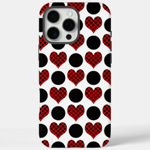 Coques iPhone 16 Pro Max Cœurs à pois rouges et motif à cercles noirs