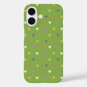 Coques iPhone 16 Cœurs à pois sur fond de verdure verte