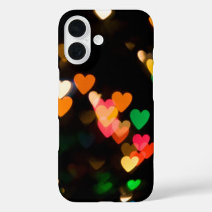 Coques iPhone 16 Cœurs Bokeh sur fond noir