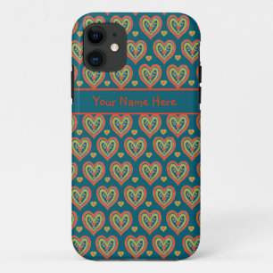 Case-Mate iPhone Case Coeurs d'art populaire rouge et vert sur Turquoise