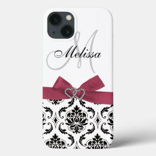 iPhone 13 Coque Coeurs Diamants de Bow Rose Damask Noir Personnali