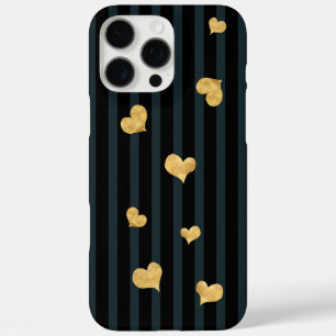 Coques iPhone 16 Pro Max Coeurs dorés à rayures noires foncées