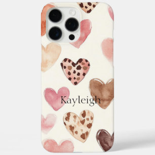 Coques iPhone 16 Pro Max Coeurs Empreintes de léopard Brown roses