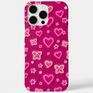 Coques iPhone 16 Pro Max Cœurs et fleurs néon rose vibrant motif rétro