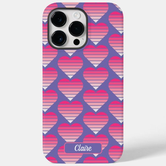 Coques Case-Mate iPhone Coeurs rayés Motif rose Magenta Purple Nom (Verso)
