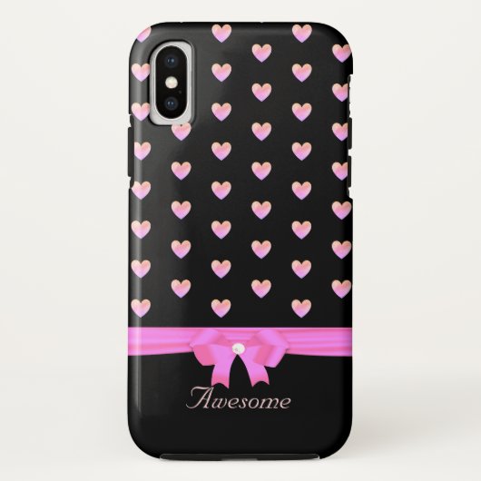 Coques Case-Mate iPhone Cœurs roses, ruban et calligraphie sur fond noir (Dos)