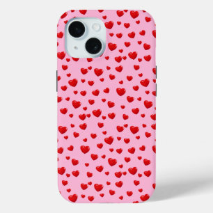 Coque Pour iPhone 15 Coeurs rouges éparpillés sur rose