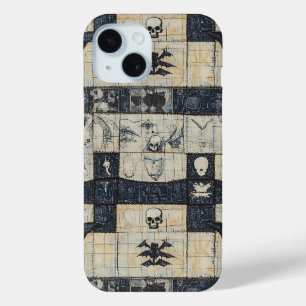 Coque Pour iPhone 15 Collage en denim de crâne gothique et de chauve-so