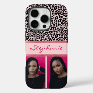 Coques iPhone 16 Pro Collage photo Empreinte de léopard rose glace