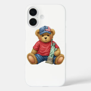 Coques iPhone 16 Collection blanche. Teddy avec la Statue de la Lib