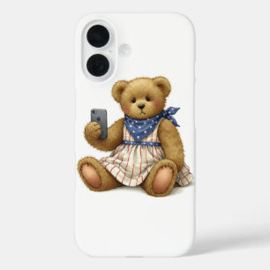 Coques iPhone 16 Collection blanche. Teddy Bear avec un iPhone par