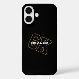 Coques iPhone 16 Collège Or Noir Monogramme Initiales Varsity