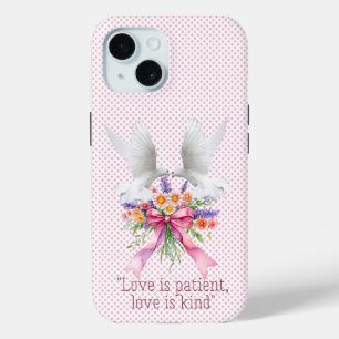 Coque Pour iPhone 15 Colombes blanches et nœud floral rose point tendan
