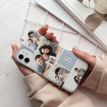 Coques Pour iPhone Colorblock Photo Collage & Monogramme<br><div class="desc">Le boîtier de téléphone de collage de photos chic présente cinq de vos photos préférées dans un plan quadrillé avec des carrés contrastés de gris-bleu neutre. Personnalisez avec votre monogramme initial unique en blanc.</div>