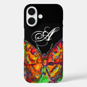 Coques iPhone 16 COLORÉ BUTTERFLY ROUGE OR JAUNE MONOGRAM Noir