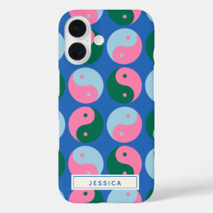Coques iPhone 16 Coloré Cute Retro Yin Yang Bleu Personnalisé