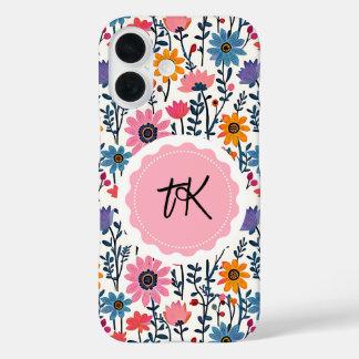 Coques iPhone 16 Colorful Whimsical Folk Art Floral Monogramme