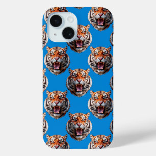 Coque Pour iPhone 15 Conception de motif tête de tigre bleu