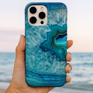 Coques iPhone 16 Pro Max Conception de pierre de cristal d'agate géode bleu