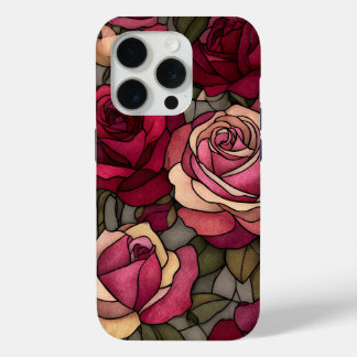 Coque iPhone 15 Pro Conception de vitrail à la rose rouge