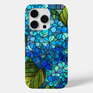 Coque iPhone 15 Pro Conception de vitrail à l'hortensia bleu