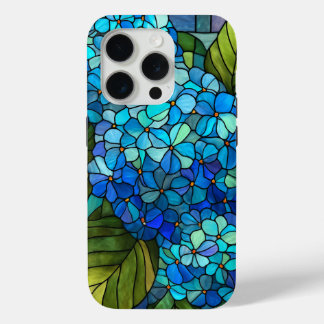 Coque iPhone 15 Pro Conception de vitrail à l'hortensia bleu