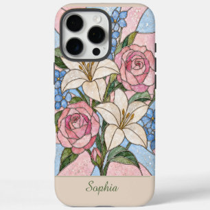Coques iPhone 16 Pro Max Conception de vitrail floral avec nom personnalisé