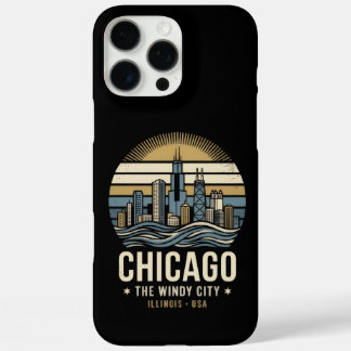 Coques iPhone 16 Pro Max Conception de voyage rétro de la skyline de Chicag