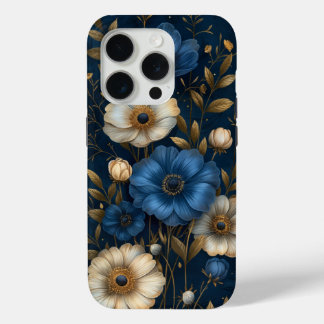 Coque iPhone 15 Pro Conception Fleurie Anémone Bleue et Or