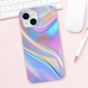 Coque Pour iPhone 15 Conception iridescente, monogramme de texte blanc