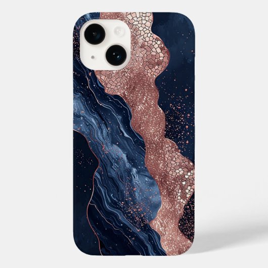Coques Case-Mate iPhone Conception marbrée Navy et or rose abstrait (Verso)