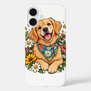 Coques iPhone 16 Conception numérique de Golden Retriever floral mi