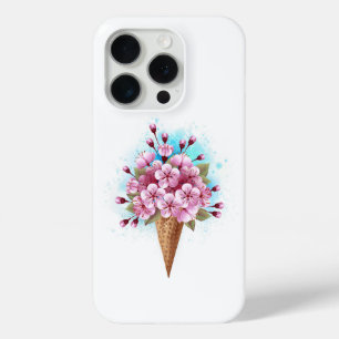 Coque iPhone 15 Pro Cône rose Sakura crème glacée gaufre