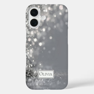 Coques iPhone 16 Confettis argent tombant sur fond gris