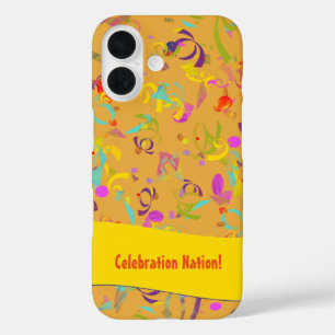 Coques iPhone 16 Confettis Colorés Lancés sur Fond Orange Personnal