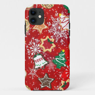 Coque iPhone 11 Cookies de Noël et flocons de neige sur fond rouge