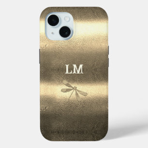 Coque Pour iPhone 15 Cool Gold Look Dragonfly Monogram Initiales