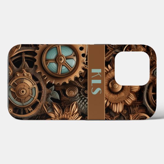 Coques Case-Mate iPhone Cool Steampunk Brown & Turquoise Cogs & Fleurs (Verso (horizontal))