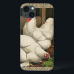 Case-Mate iPhone Case Coqs et poule en dehors de Chambre de poule avec<br><div class="desc">Une copie rustique d'art montrant un coq vigoureux et une poule dans une maison de poule. La frontière d'ecru de darc est motif se compose des éléments en spirale. Cette copie serait une addition de gread à une décoration rurale de maison de pays.</div>