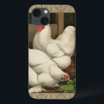 Case-Mate iPhone Case Coqs et poule en dehors de Chambre de poule avec<br><div class="desc">Une copie rustique d'art montrant un coq vigoureux et une poule dans une maison de poule. La frontière d'ecru de darc est motif se compose des éléments en spirale. Cette copie serait une addition de gread à une décoration rurale de maison de pays.</div>