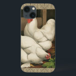 Case-Mate iPhone Case Coqs et poule en dehors de Chambre de poule avec<br><div class="desc">Une copie rustique d'art montrant un coq vigoureux et une poule dans une maison de poule. La frontière d'ecru de darc est motif se compose des éléments en spirale. Cette copie serait une addition de gread à une décoration rurale de maison de pays.</div>