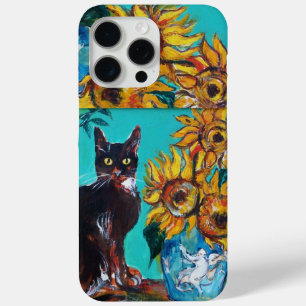 Coque iPhone 15 Pro Max Coque-M BLEU TURQUOISE AVEC CHAT NOIR