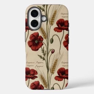 Coques iPhone 16 Coquelicot de style botanique vintage – Rouge anti