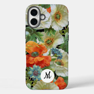 Coques iPhone 16 Plus Coquelicots blancs et orange sur fond noir avec in