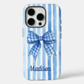 Coques Case-Mate iPhone Coquette bleu rayé arc toile monogramme (Verso)