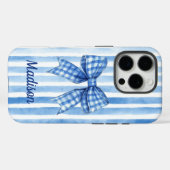 Coques Case-Mate iPhone Coquette bleu rayé arc toile monogramme (Verso (horizontal))
